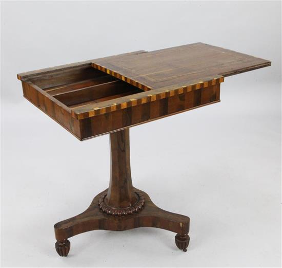 A late Regency Killarneyware crossbanded yew wood games table, W.2ft D.1ft 10in. H.2ft 5in.